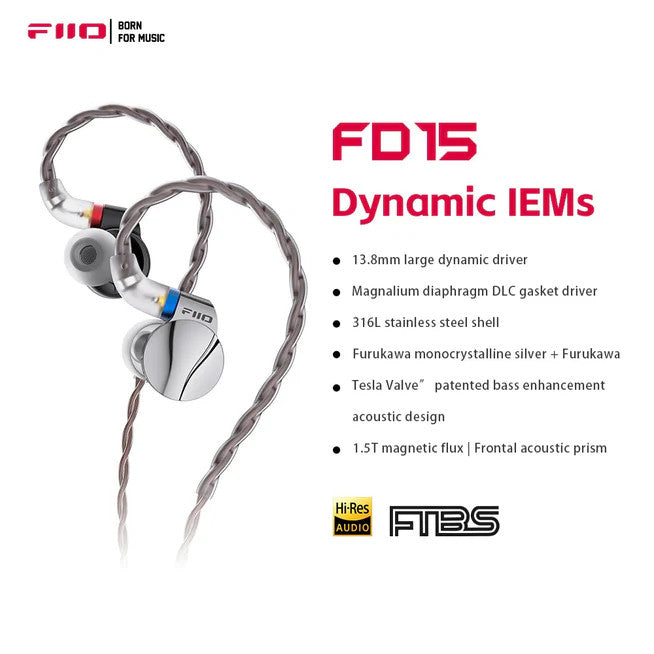 FiiO FD15, Dynamic Driver In-Ear Monitors: 13.8mm Magnalium DLC HiFi Earphones IEM (FD15)