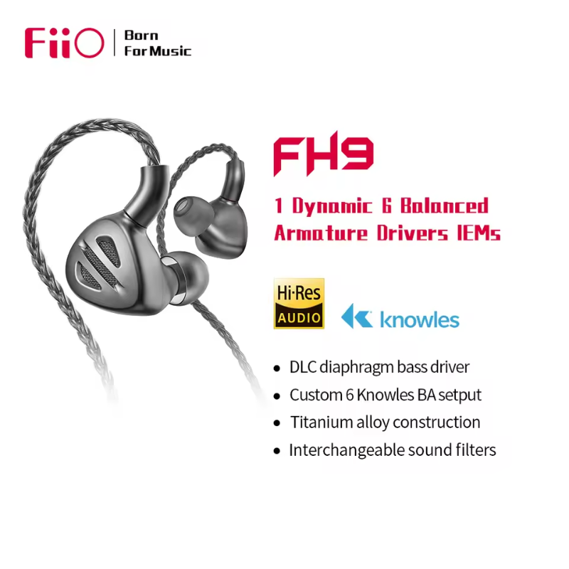 FiiO FH9, In-Ear Monitors: 13.6mm DLC Dynamic Driver 6 Knowles BA Titanium Alloy Shell Tuning Filters IEM (FH 9)