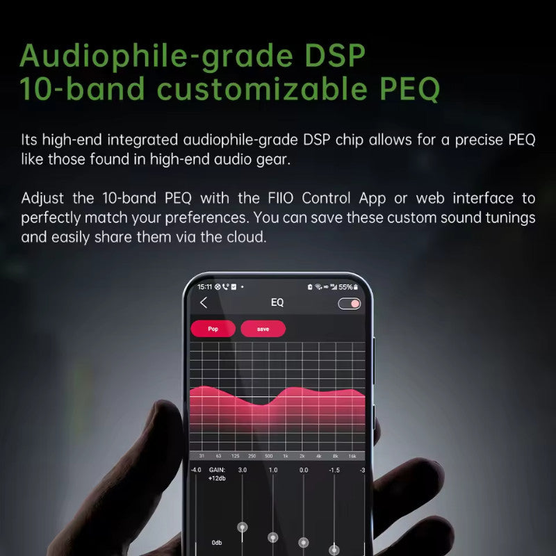 FiiO JadeAudio JIEZI, DAC and Amplifier: Dongle 3.5mm / 4.4mm Portable Hi-Res DAC/AMP with 10-Band PEQ (JIE ZI)