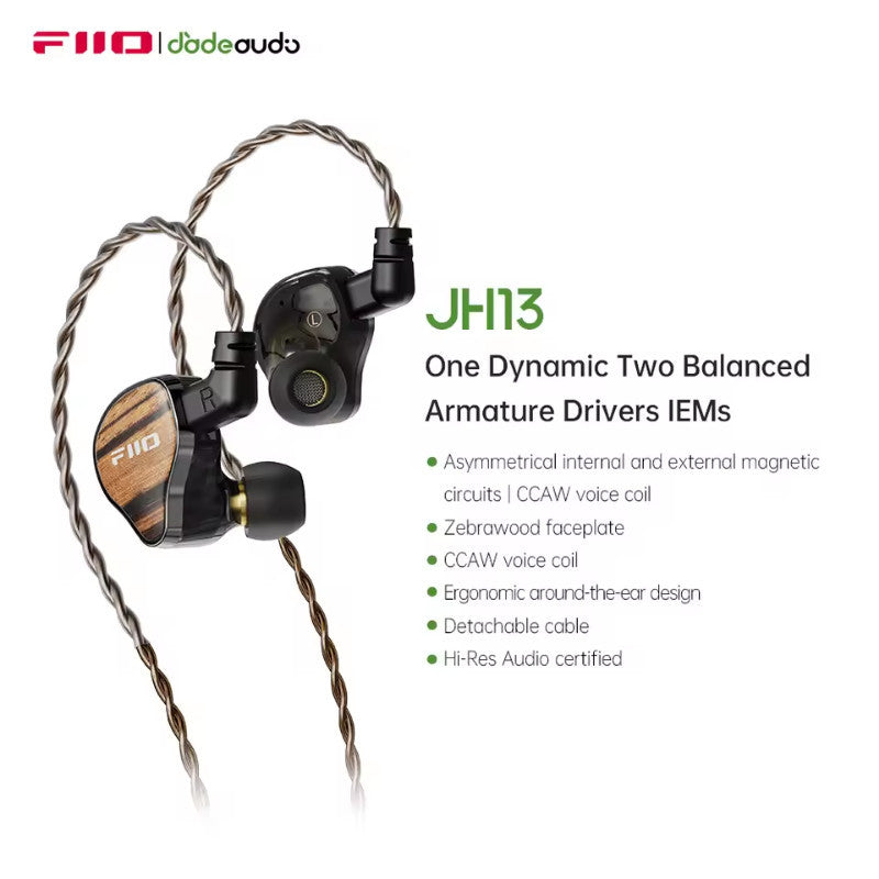 FiiO JH13, In-Ear Monitors: 10mm Dynamic + 2BA Hybrid Driver Hi-Res Audio Certified Zebrawood Faceplates Earphones IEM