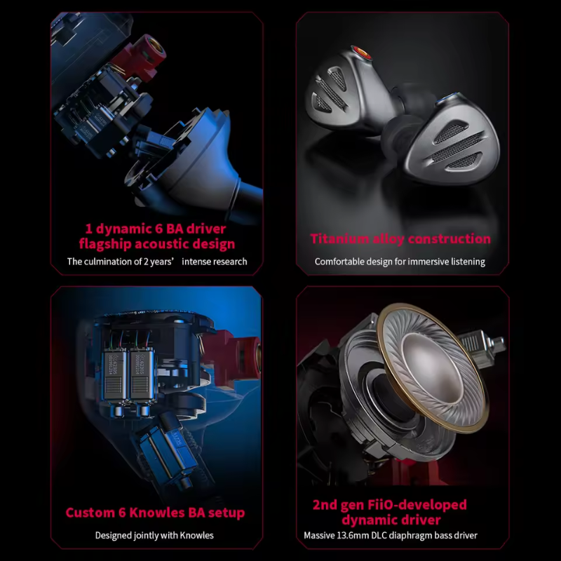 FiiO FH9, In-Ear Monitors: 13.6mm DLC Dynamic Driver 6 Knowles BA Titanium Alloy Shell Tuning Filters IEM (FH 9)