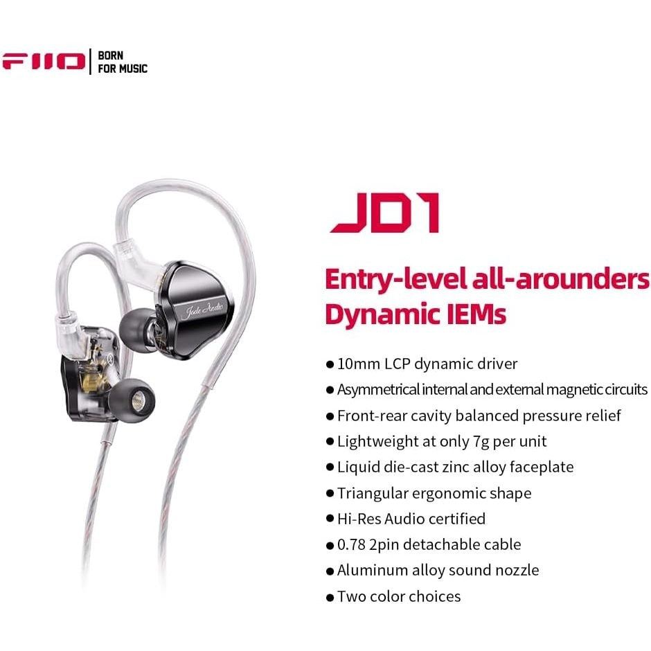 FiiO JadeAudio JD1, Dynamic Driver In-Ear Monitors with Mic: High Performance for Sports, Gaming Earphones IEM (JD 1)