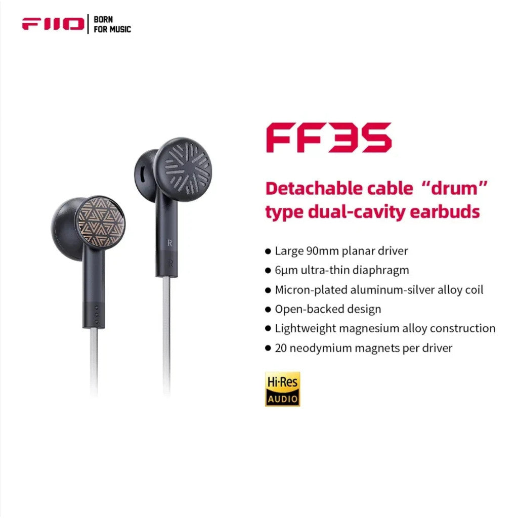 FiiO FF3S, Detachable Flat Buds Earbuds: “Drum” Type Dual-Cavity Wired Earphones (FF3S)