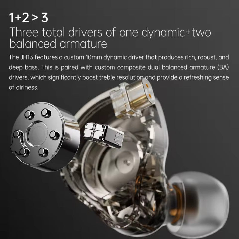 FiiO JH13, In-Ear Monitors: 10mm Dynamic + 2BA Hybrid Driver Hi-Res Audio Certified Zebrawood Faceplates Earphones IEM