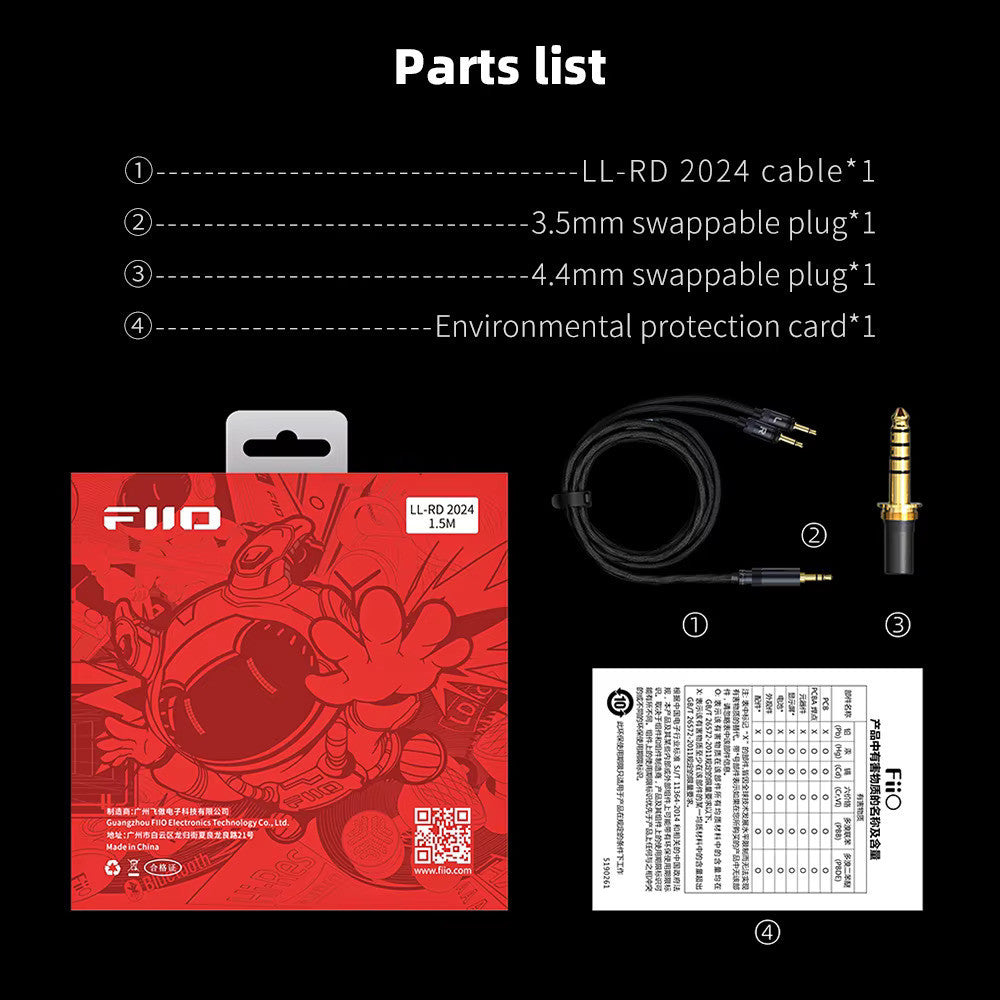 FiiO LL-RD 2024, Upgrade Cable: Dual 3.5mm High-Purity Monocrystalline Silver Cable with Swappable Plugs (LLRD)